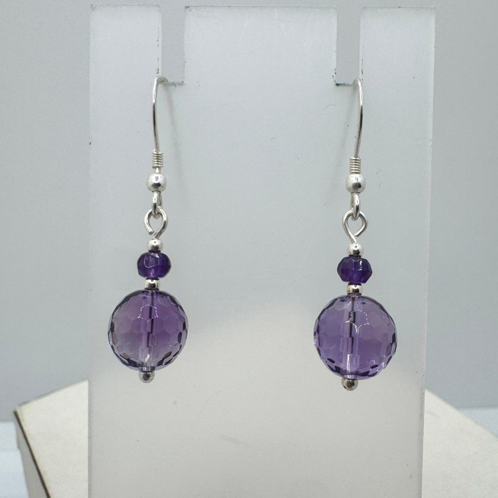 Purple Faceted Faux Amethyst Glass Drop Earrings Silver Tone Fishhook Dangles